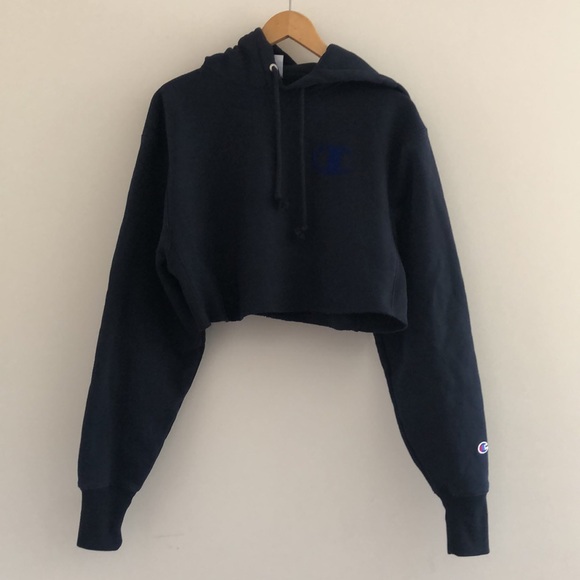 EUC Champion Cropped Navy Blue Script Hoodie XS - Picture 6 of 8